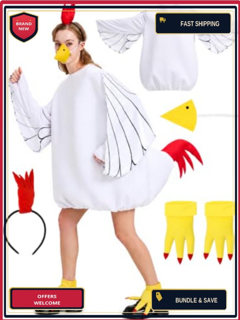 Adult Chicken Costume Halloween Rooster Cosplay Suit Polyester Multi-Piece